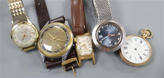 Four assorted gentlemans wrist watches including Tissot and Waltham and a gold plated pocket watch.